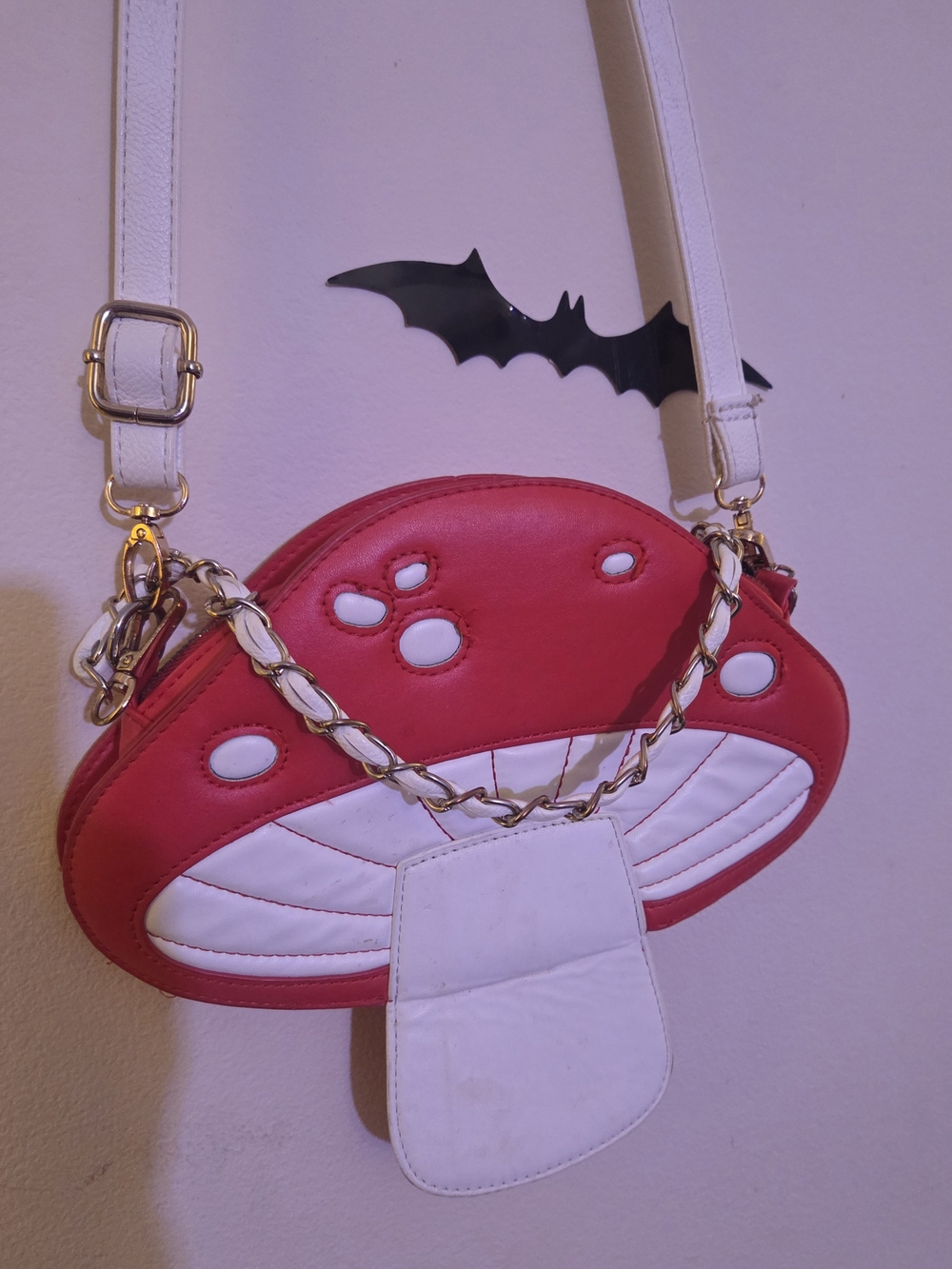 Kitschy Crossbody Mushroom Purse w/ custom leather straps. Red & white
